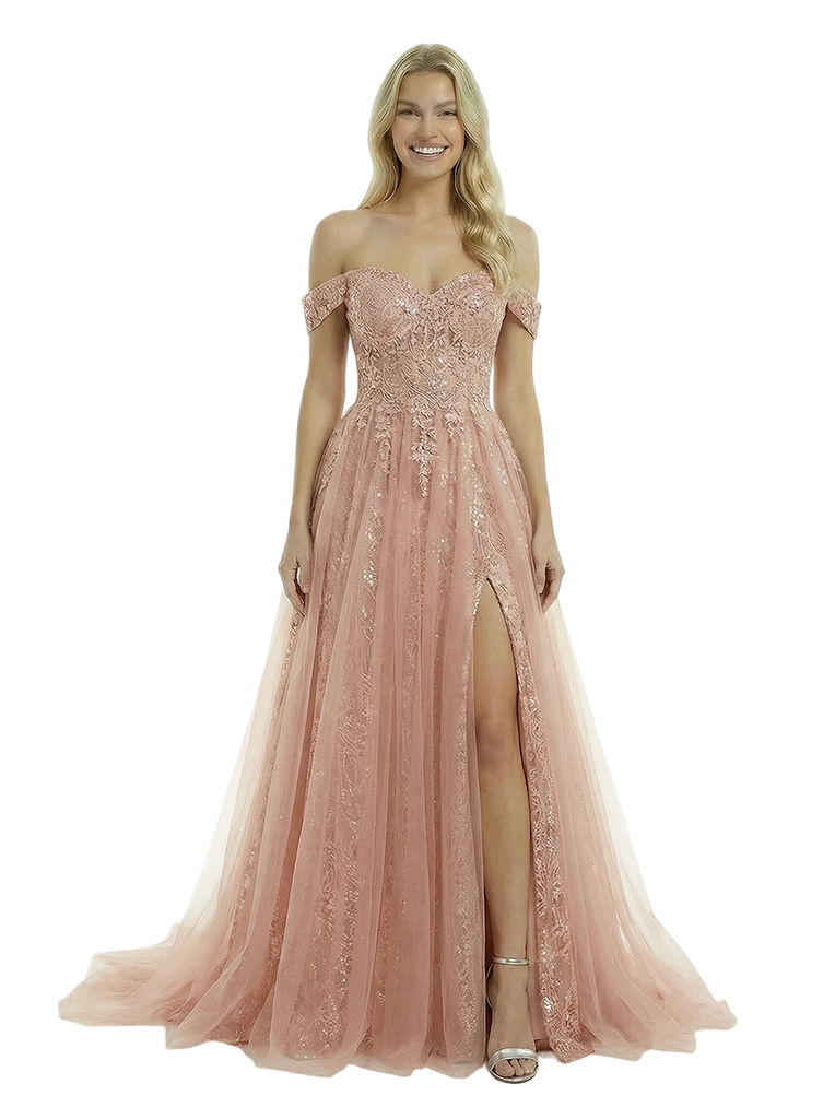 Elegant Off Shoulder A-line Tulle Applique Side Slit Long Evening Prom Dresses