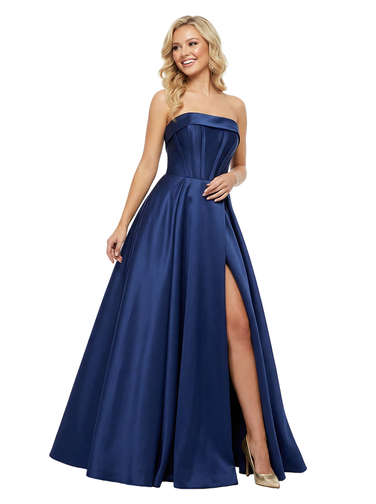 Simple Satin Strapless Side Slit A-line Floor Length Party Prom Dresses