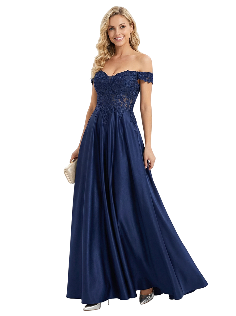 Elegant Lace Off Shoulder A-line Floor Length Satin Long Party Prom Dresses