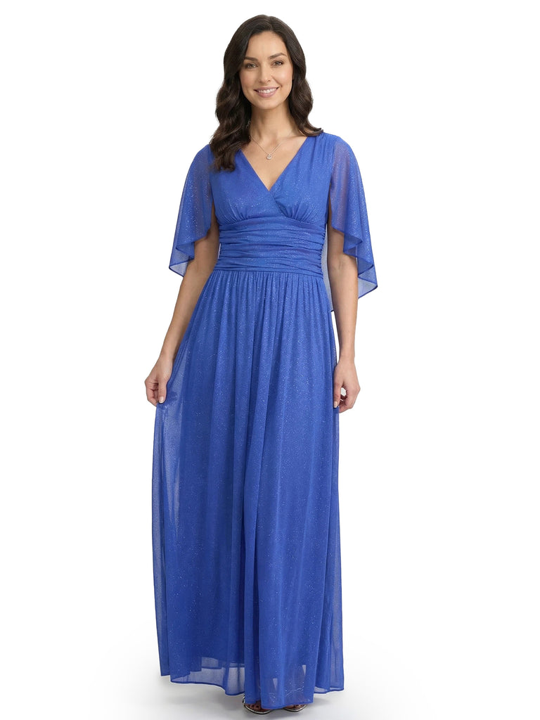 Chicsew Classy V-Neck A-Line Short Sleeves Glitter Jersey Mother Of The Groom Dress Ruched Evening Gown