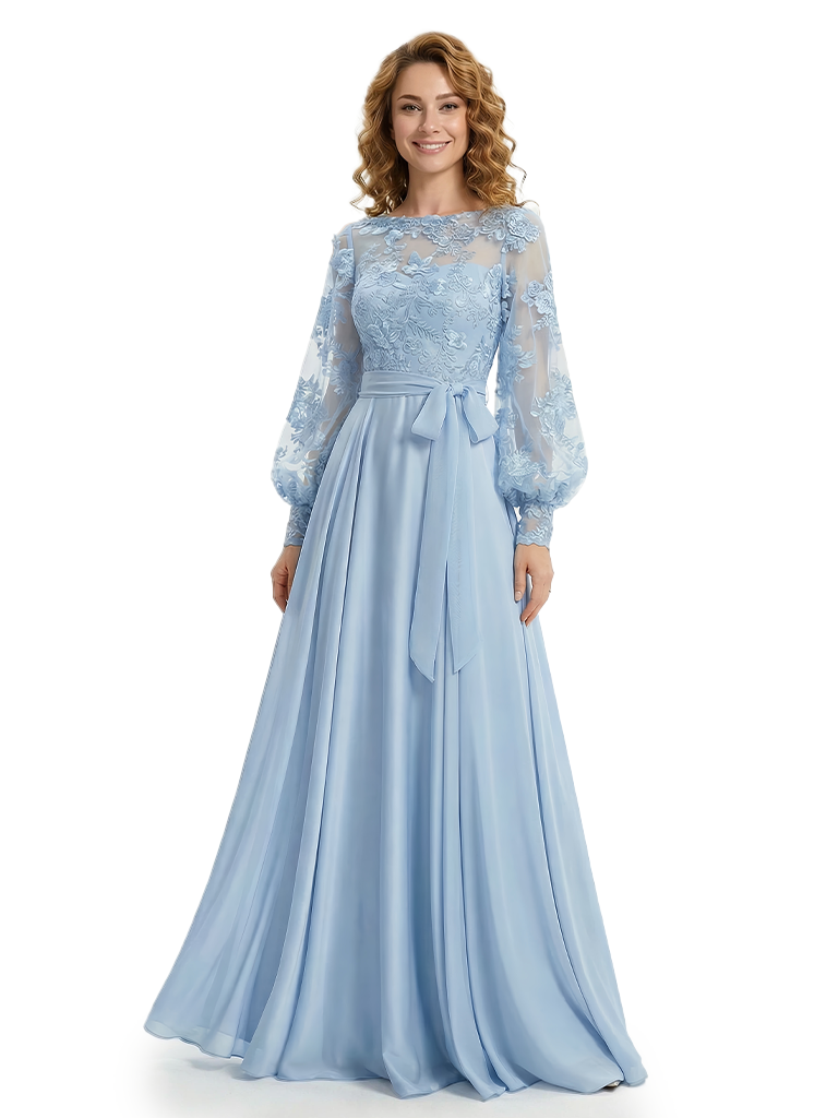 Beautiful Illusion Lace Applique Mother Of The Bride Gown A-Line Long Sleeves Chiffon Maxi Dress
