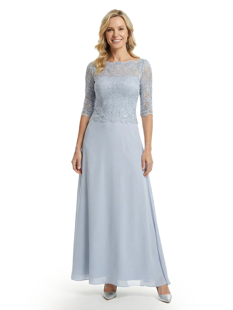 Modern Illusion Lace Applique Mother Of The Bride Gown With Lace Sleeves