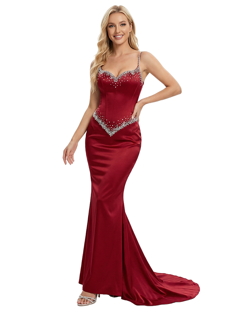 Sparkly Beaded Spaghetti Straps Mermaid Satin Prom Dresses