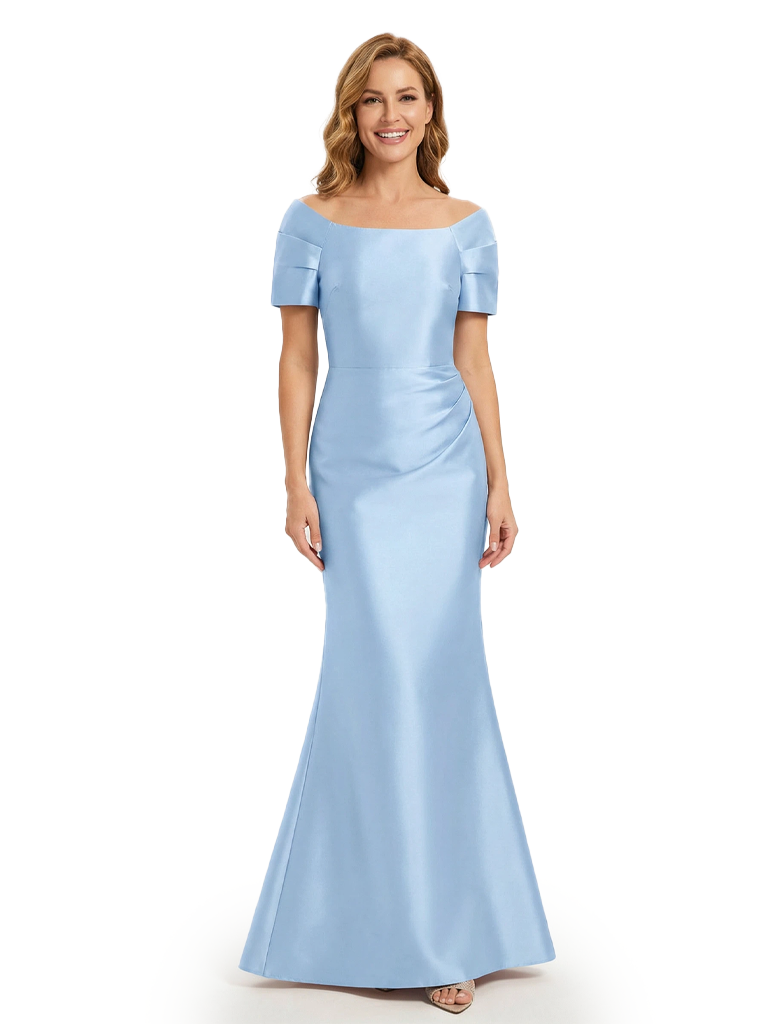 Trendy Off The Shoulder Soft Satin Short Sleeves Mermaid Dress For Mother Of The Bride