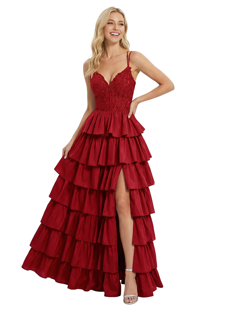 Sweet Spaghetti Straps V-neck A-line Side Slit Long Evening Prom Dresses with Ruffle