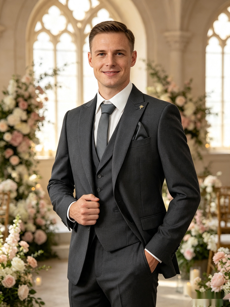 Classic 2 Piece Dark Grey Men's Suit with Regular Fit and Sophisticated Peak Lapel