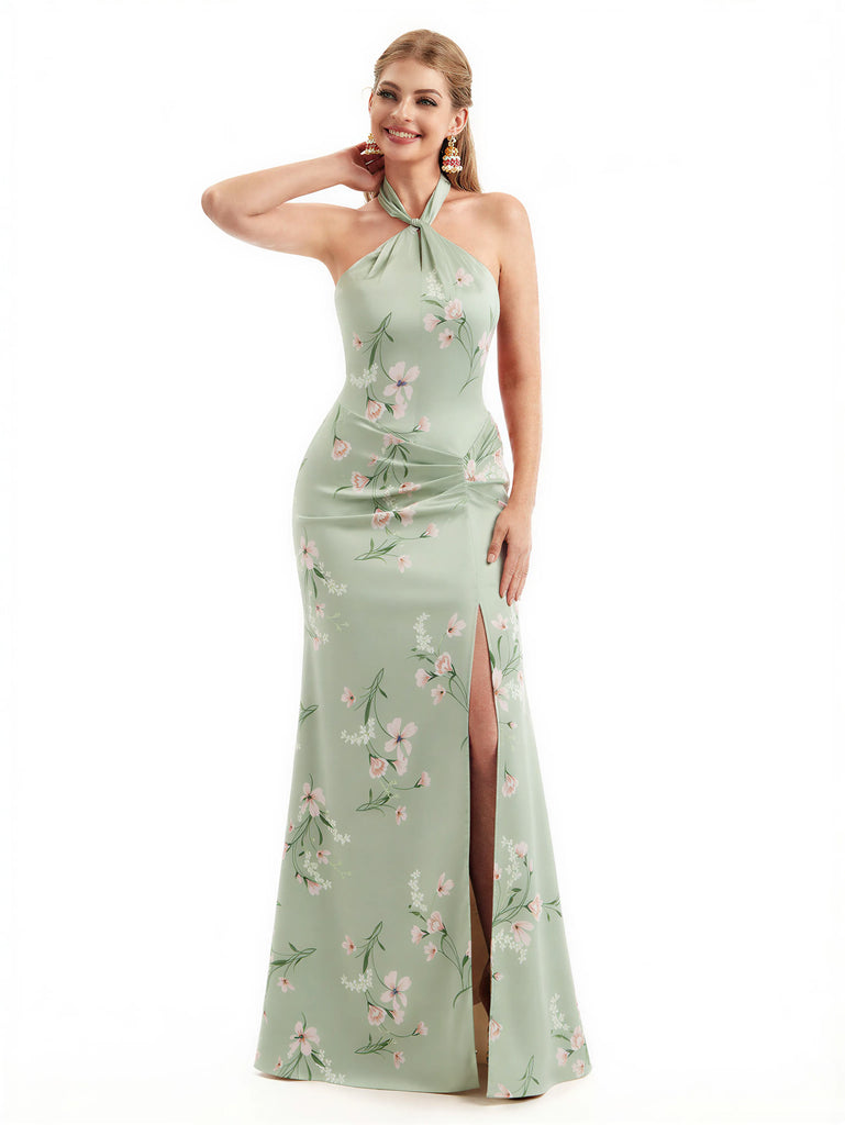 Beautiful Halter Side Slit Mermaid Floral Satin Maxi Floral Formal Dresses For Women
