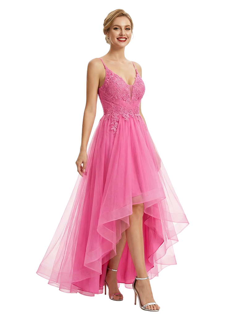 Sexy V-Neck Spaghetti Straps Sleeveless Tulle High-Low A-Line Formal Prom Dress