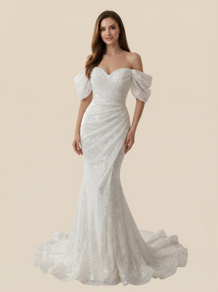 Mermaid Off Shoulder Sweetheart Maxi Long Sequin Lace Wedding Dresses Online