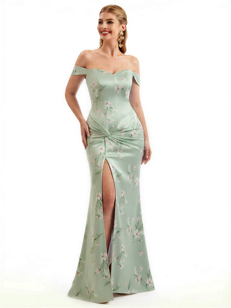 Beautiful Off Shoulder Side Slit Mermaid Floral Satin Maxi Floral Formal Dresses For Women