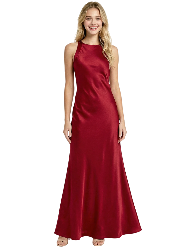 Chic High Neck Halter Prom Dress A-Line Satin Maxi Gown