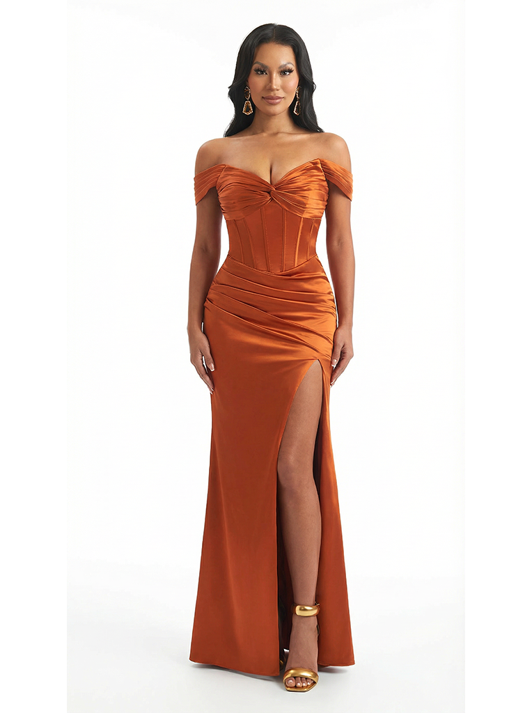 Sexy Off The Shoulder Ruched Satin Mermaid Long Evening Formal Dresses With Side Slit Boning