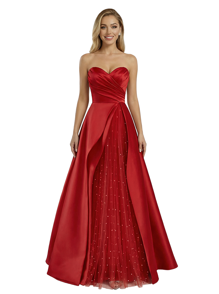 Beautiful Strapless Sweetheart Prom Gown Satin Tulle Sparkly Detail Floor Length Formal Wear