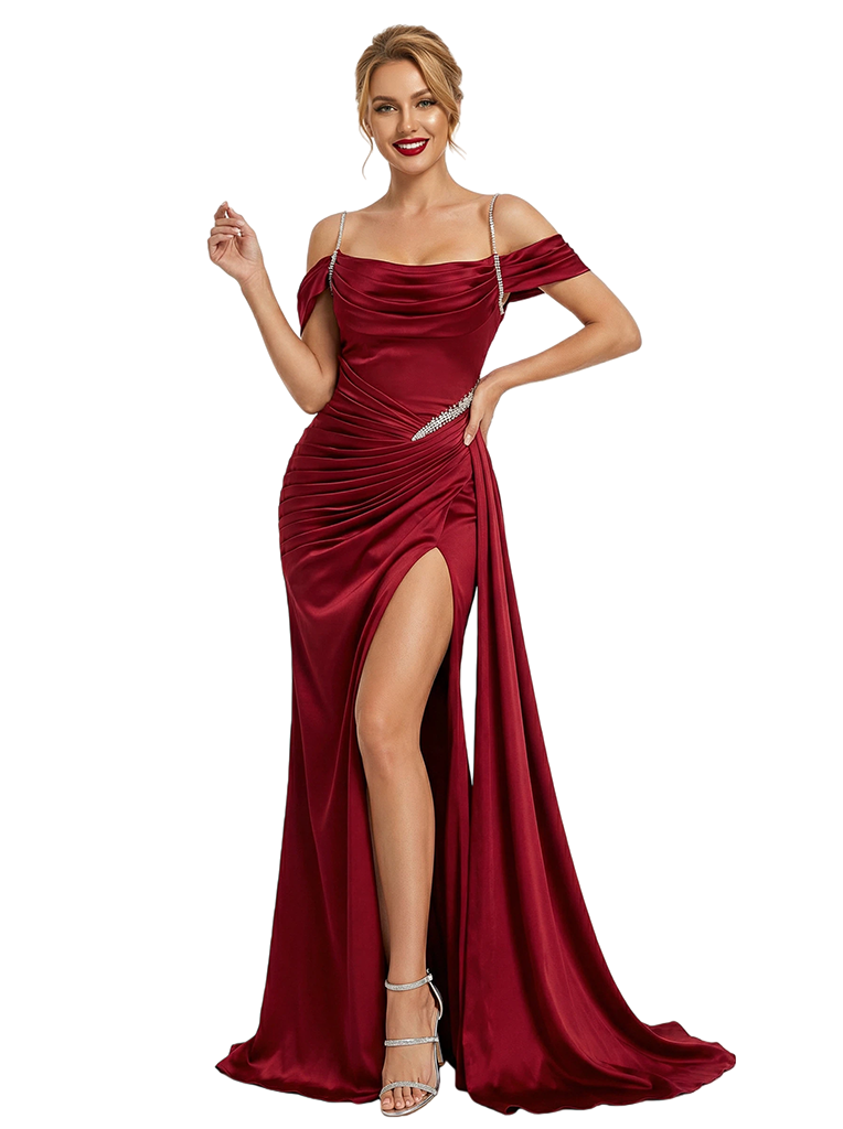 Sexy Cold Shoulder Prom Gown Beaded Satin High Slit Mermaid Floor Length Formal Dresses
