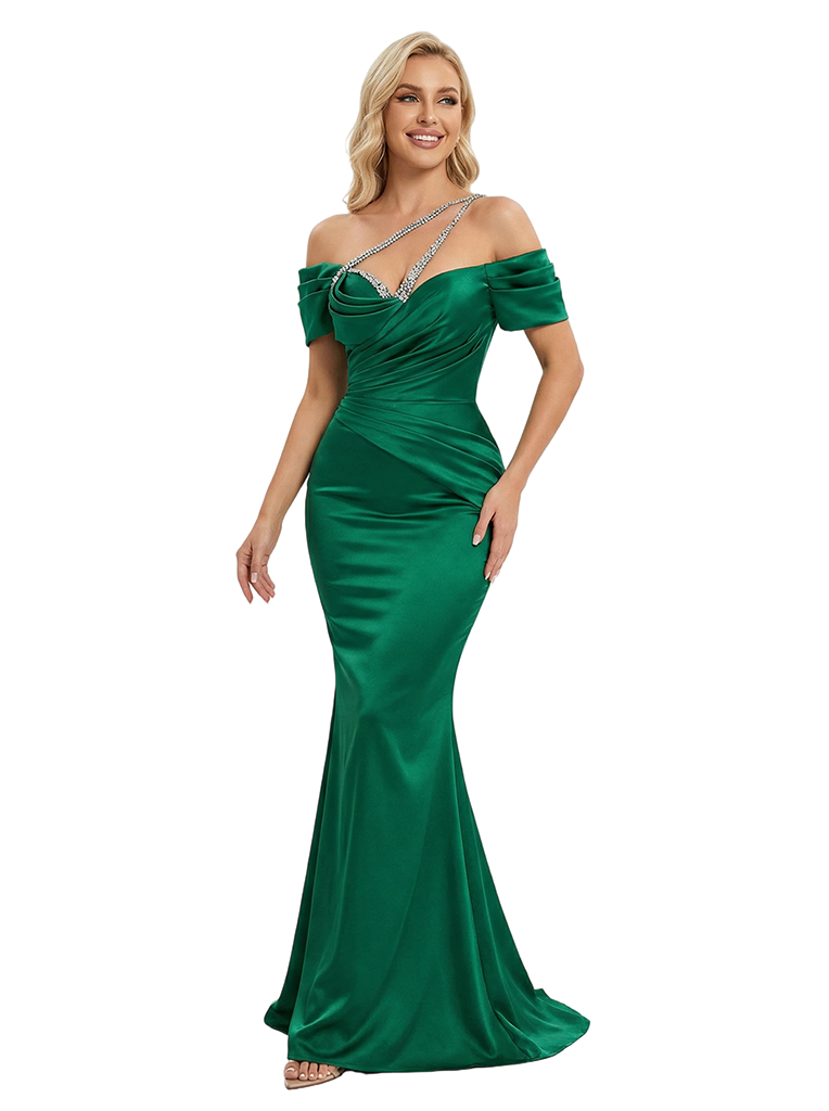 Fancy Off Shoulder Prom Gown Rhinestone Detail Satin Ruched Mermaid Silhouette Floor Length Formal Evening Wear