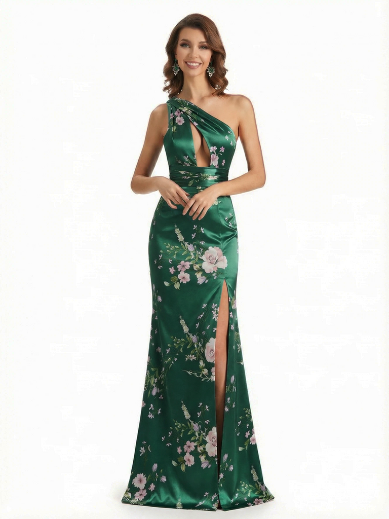 Simple One Shoulder Side Slit Mermaid Floral Satin Maxi Floral Formal Dresses For Women