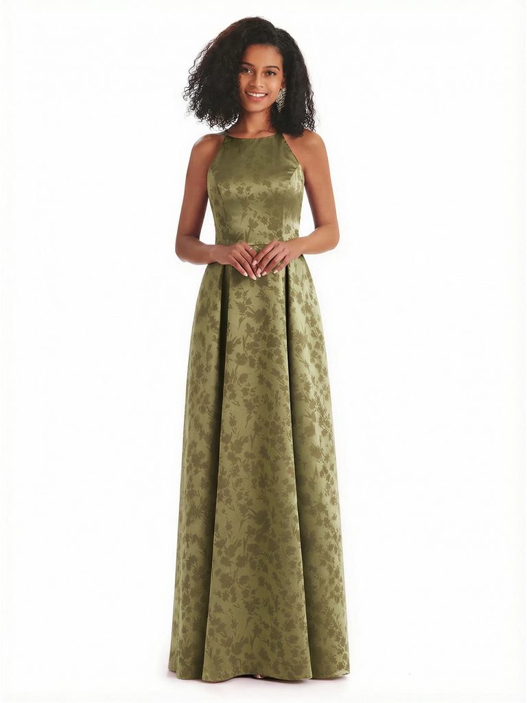 Sexy Spaghetti Straps A-line Long Satin Floral Formal Dresses For Women
