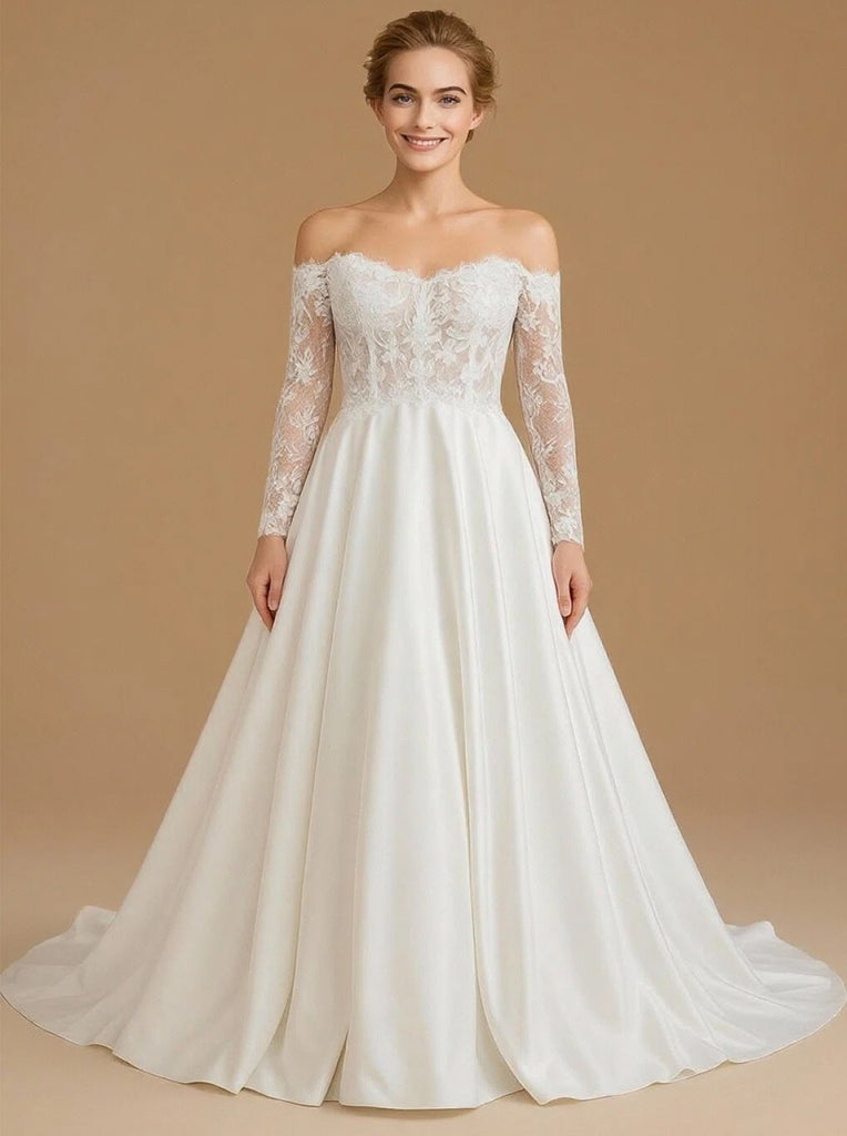 A-line Off Shoulder Long Sleeves Maxi Long Satin Wedding Dresses Online