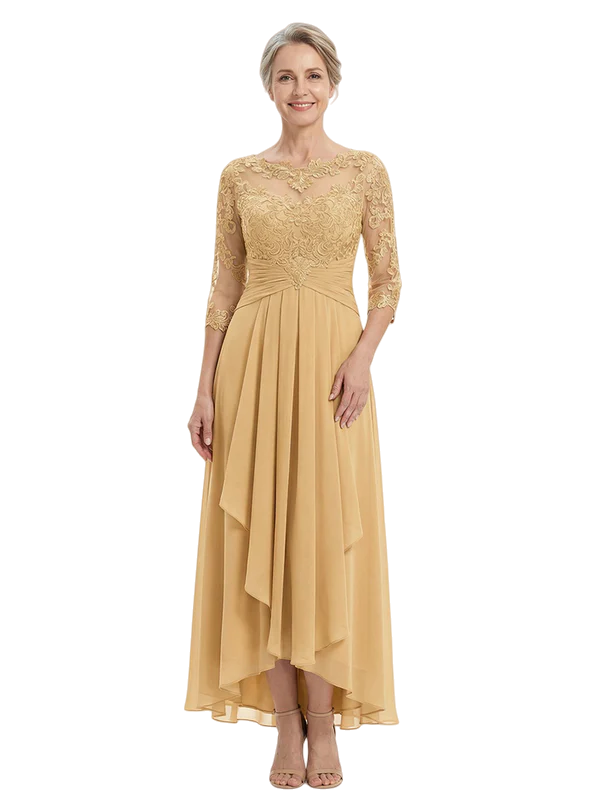 ChicSew Beautiful High-Low Long Sleeve Chiffon Ruffle Mother Of The Bride Dress With Illusion Lace Bodice