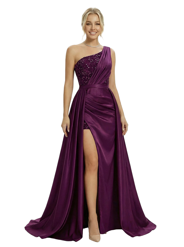 Sexy One Shoulder Sequin Ruched Side Slit Stain Mermaid Maxi Prom Dress Overlay