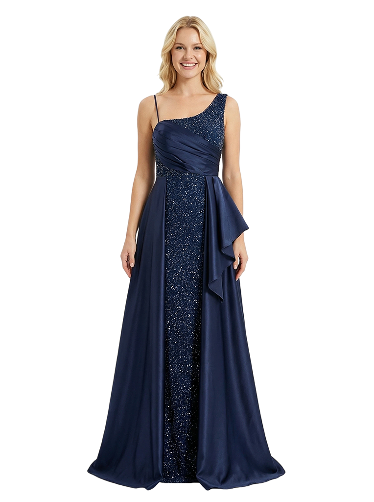 Stunning Spaghetti Straps Satin Sequin Prom Gown Unique Mermaid Long Party Prom Dress