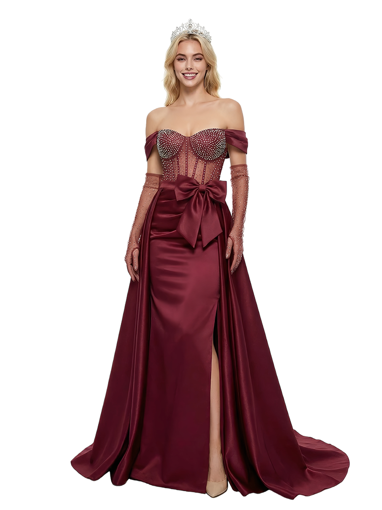 ChicSew Sparkly Off Shoulder Mermaid Side Slit Satin Prom Dresses with Overskirt without gloves