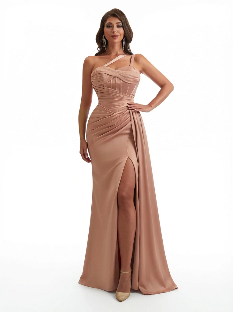 Sexy One Shoulder Ruched Mermaid Silky Satin Long Formal Dresses With Waist Drape Boning Side Slit
