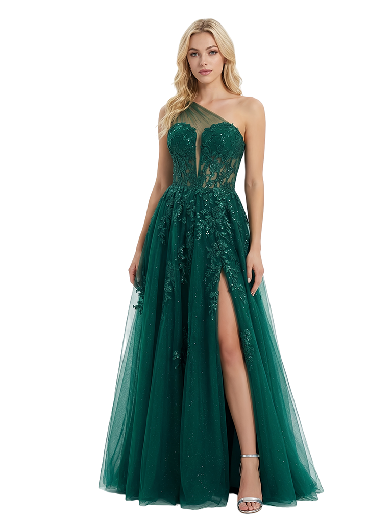 ChicSew Sparkly One Shoulder Lace Beaded A-line Tulle Prom Dresses Slit