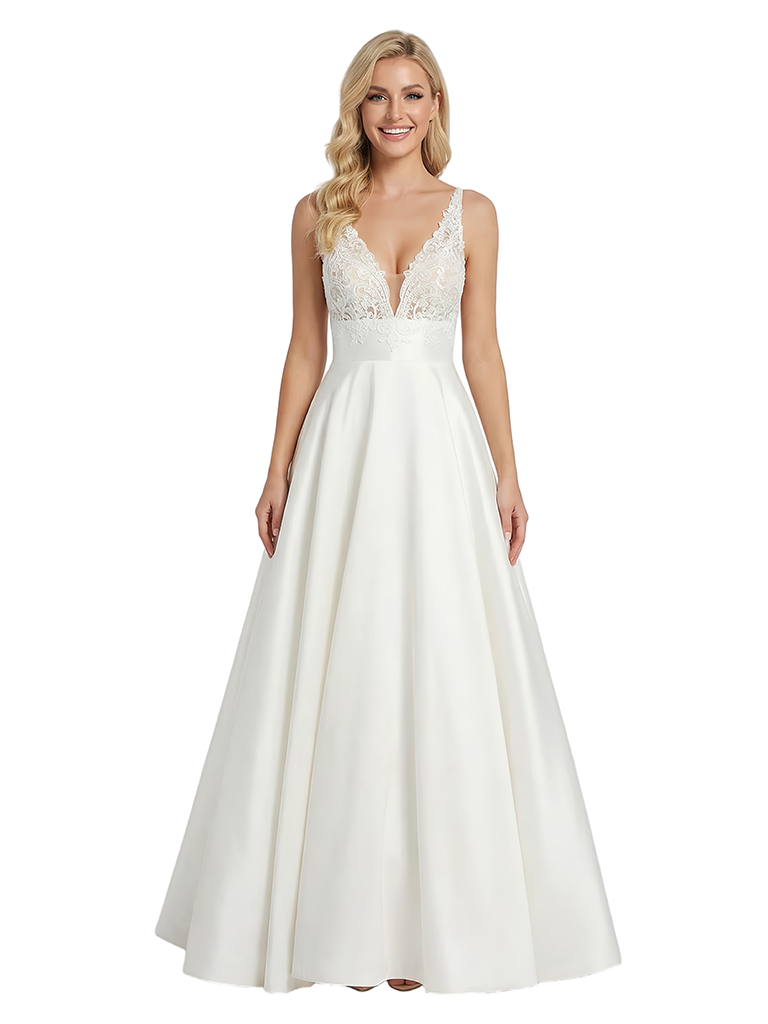 Elegant V-Neck Formal Gown Lace Bodice Satin Fabric A-line Floor Length Prom Party Dress