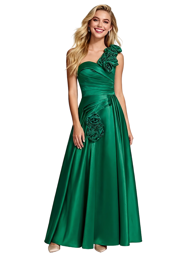 ChicSew Unique 3D Handmade Flower One Shoulder Satin A-line Prom Dress