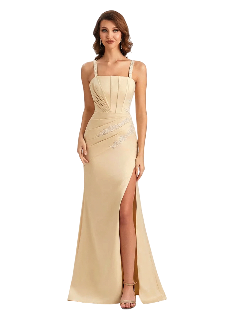 Sexy Silky Satin Lace Mermaid Maxi Evening Gowns For Women Side Slit Spaghetti Straps