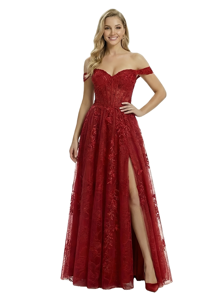 ChicSew Pretty Lace Applique Off the Shoulder A-Line Tulle Prom Party Gown