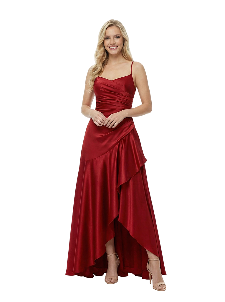 Elegant Spaghetti Straps Ruched High-Low Asymmetric Satin Prom Gown