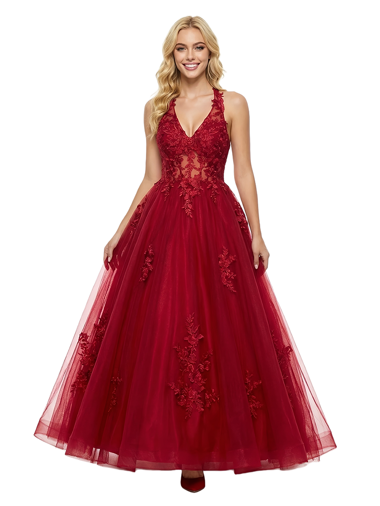 ChicSew Sexy V-Neck Halter Lace Appliques A-Line Floor Length Prom Dress