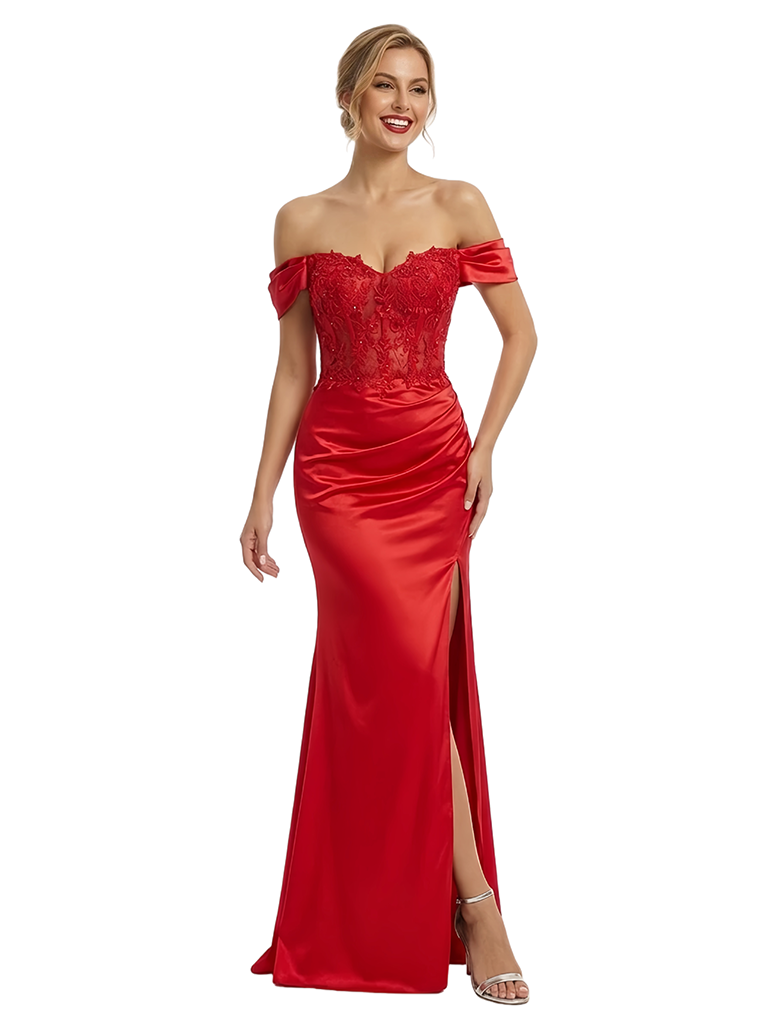ChicSew Unique Off Shoulder Sleeveless Side Slit Satin Floor Length Mermaid Formal Evening Dress