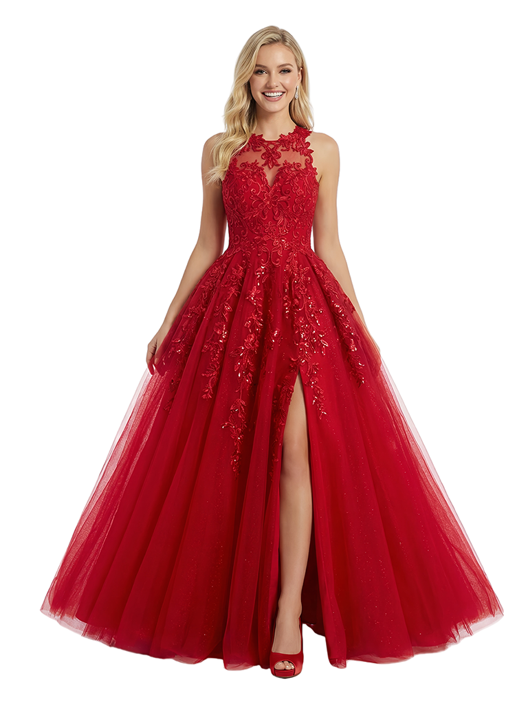 ChicSew Pretty Halter Prom Gown Lace Tulle Fabric A-Line Floor Length Evening Gown