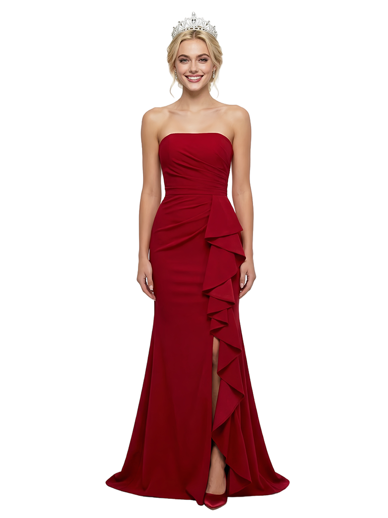 ChicSew Sexy Strapless Sleeveless Mermaid Crepe Ruffles Side Slit Evening Prom Dresses