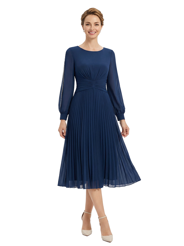Chicsew Classy Pearls Beaded Long Sleeves A-Line Chiffon Mother of The Groom Dress