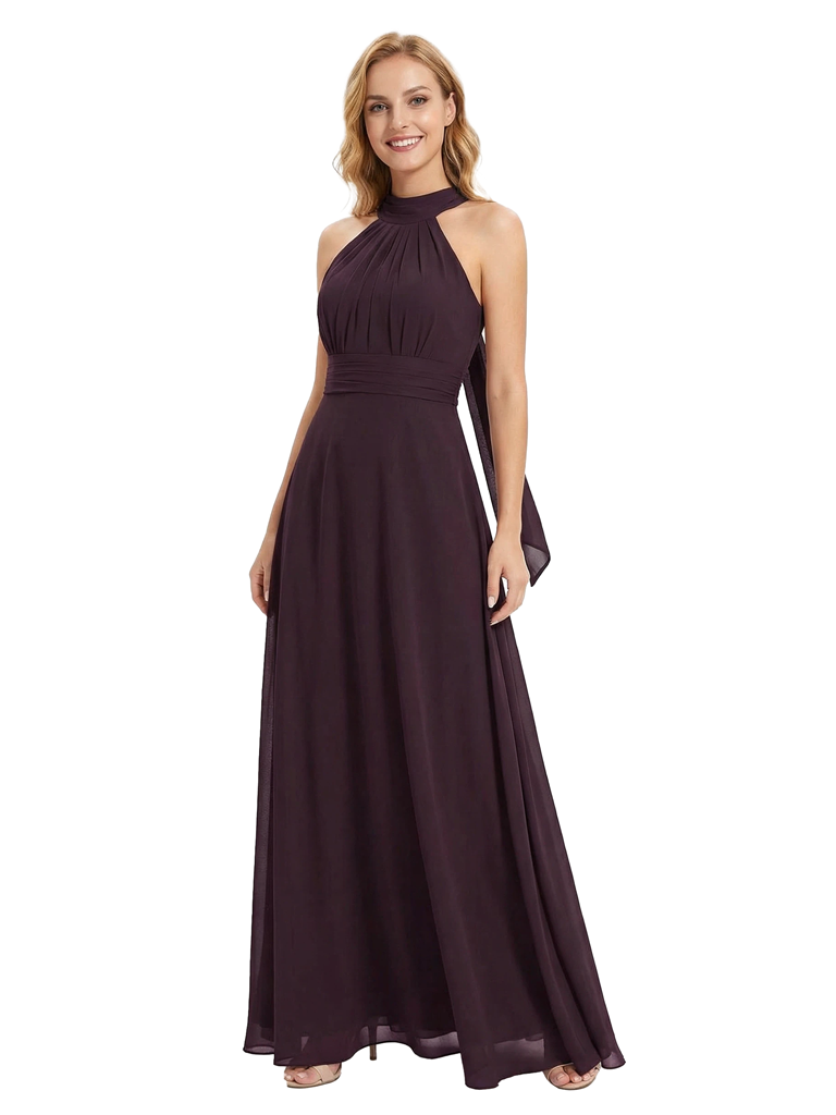 Chicsew Vintage Halter Sleeveless Ruched A-Line Chiffon Mother of The Bride Gown