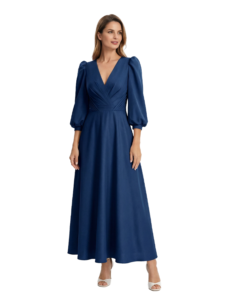 Fancy 3/4 Sleeves V-Neck Chiffon Mother Of The Bride Dress Ruched Maxi Formal Gown
