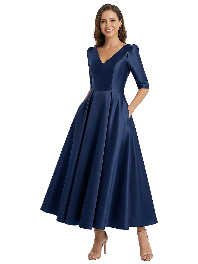 Mother of The Bride Gown Half Sleeves V-Neck Satin Mermaid Tea-lengh Stylish Formal Gown
