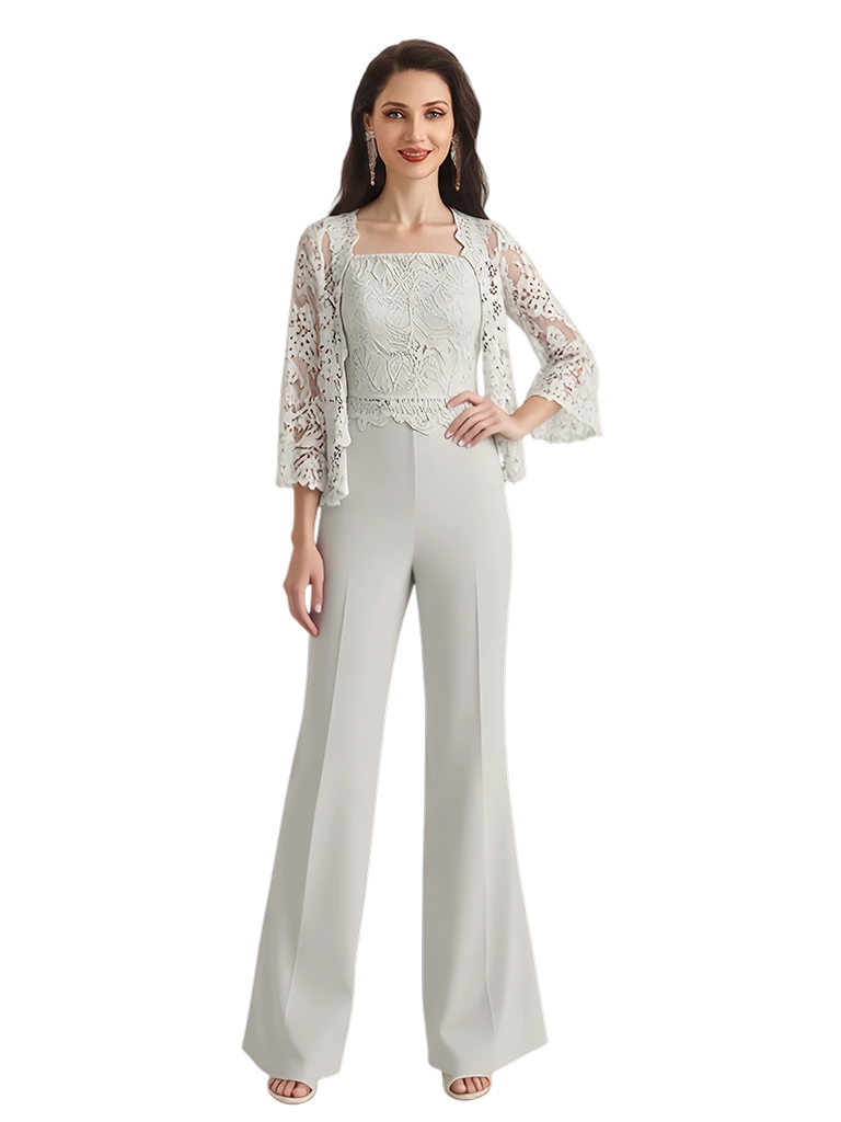 Elegant Square Chiffon And Lace Long Sleeves Pantsuit For Mother Of The Bride and Jacket