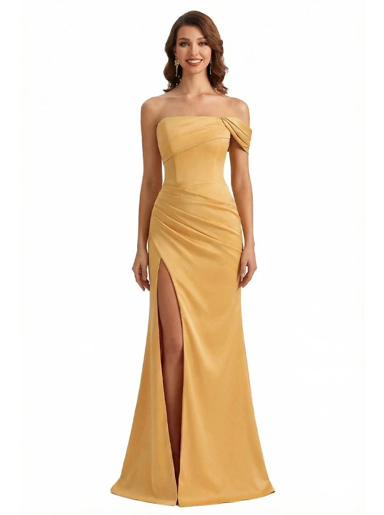 Sexy One Shoulder Ruched Side Slit Mermaid Silky Satin Long Formal Evening Dresses