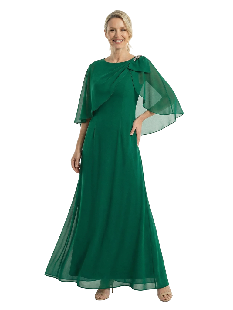 Chicsew Mother of The Bride Dresses Scoop Cape Sleeve Chiffon Maxi Gown Elegant Formal Wedding Event Attire