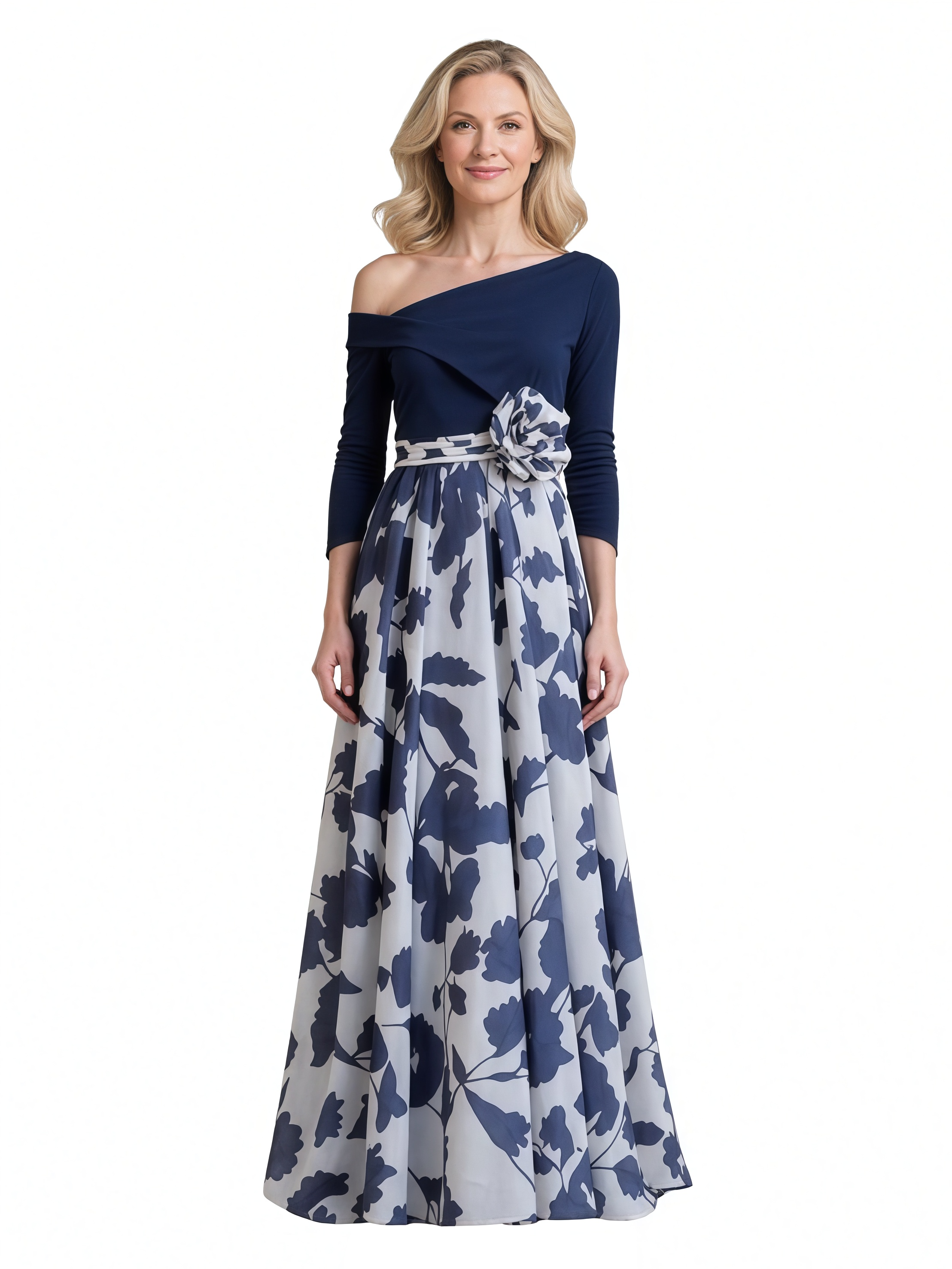 Elegant Dark-Navy Floral Chiffon Long Sleeves A-Line Long Mother Of The Bride Dresses