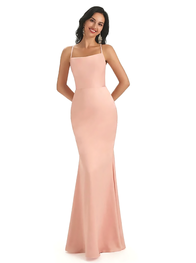 Sexy Spaghetti Straps Lace Up Back Silky Satin Mermaid Long Formal Dresses