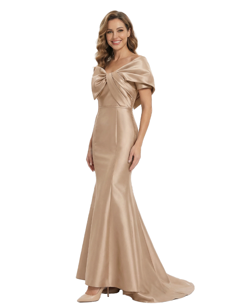 Elegant Off Shoulder Bow Knot Ruched Satin Mermaid Mother of the Groom Evening Dress