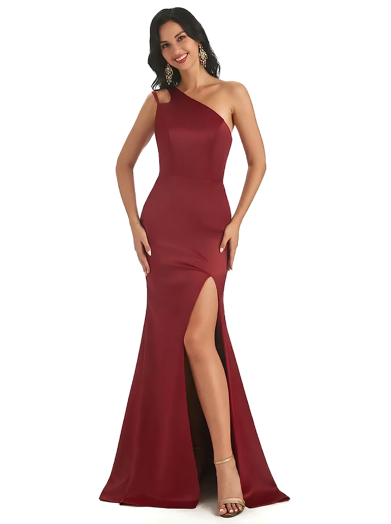 Sexy One Shoulder Silky Satin Mermaid Long Formal Dresses For Women Side Slit