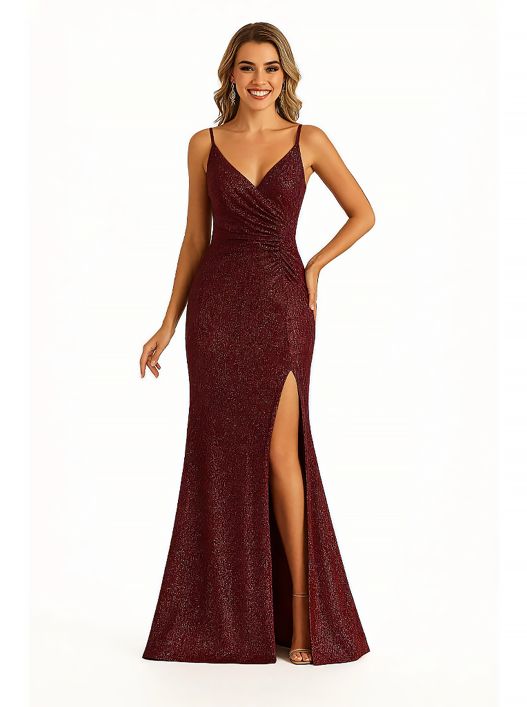 Shiny Spaghetti Straps Mermaid Glitter Jersey Side Slit Long Formal Dresses For Women