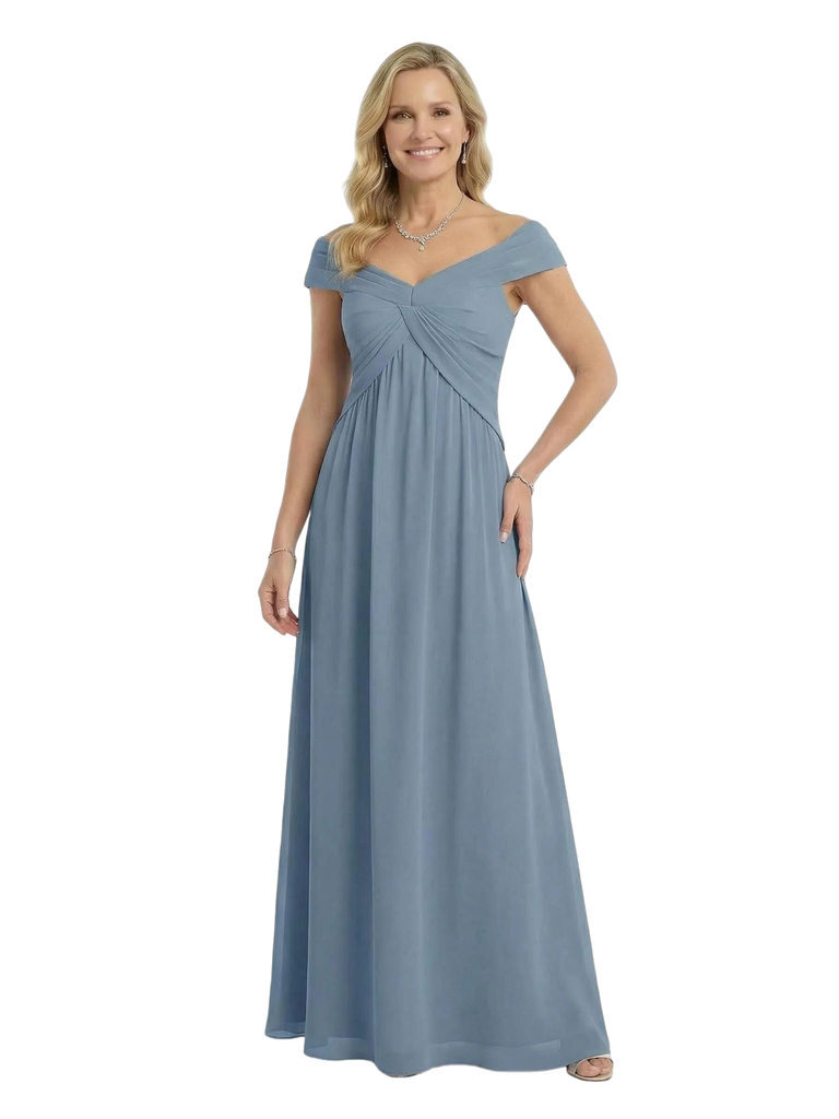 Chicsew Cap Sleeve Ruched A-Line Floor Length Chiffon Flowy Romantic Mother of the Bride Dresses